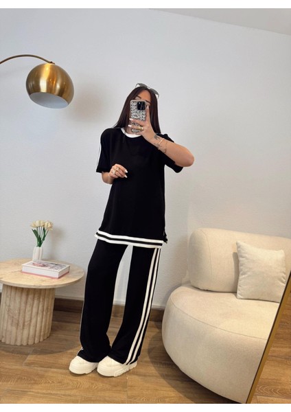 Buketli Kadın Şerit Detaylı Kısa Kol Üstlü Bol Pantolonlu Ikili Takım fırsatları