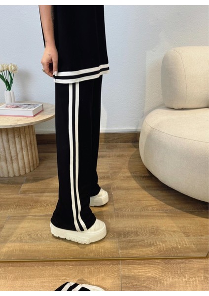 Buketli Kadın Şerit Detaylı Kısa Kol Üstlü Bol Pantolonlu Ikili Takım indirimleri