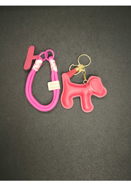 Bordo Köpek ve Pembe Halat Detaylı Çanta Charmı Telefon Tutucu modelleri