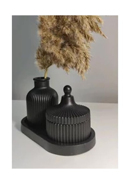 Menashop Siyah Seramik Vazo ve Mumluk Seti - Modern ve Minimalist Dekorasyon