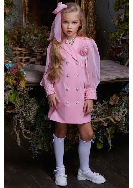 Kız Çocuk Bilekleri Inci Boncuk Işlemeli Kolları Şeffaf Kumaş Taş Düğme Detaylı Pembe Elbise