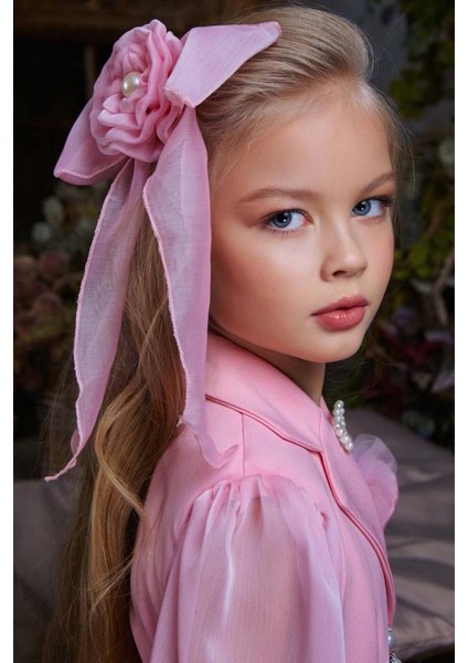 Kız Çocuk Bilekleri Inci Boncuk Işlemeli Kolları Şeffaf Kumaş Taş Düğme Detaylı Pembe Elbise fırsatları