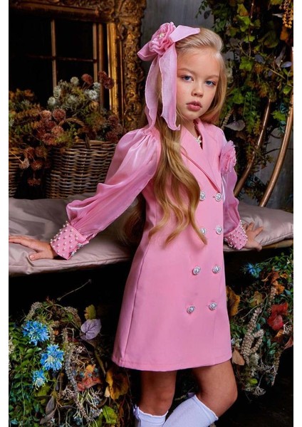 Kız Çocuk Bilekleri Inci Boncuk Işlemeli Kolları Şeffaf Kumaş Taş Düğme Detaylı Pembe Elbise indirimleri