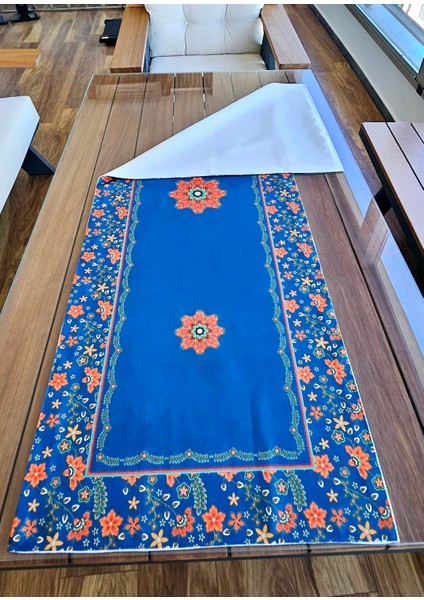 Lacivert Zemin Çiçek Desenli Runner