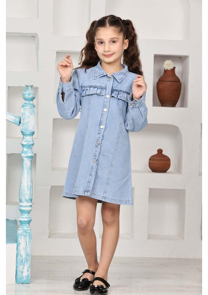 Kız Çocuk Gömlek Yakalı Jean Elbise 12171