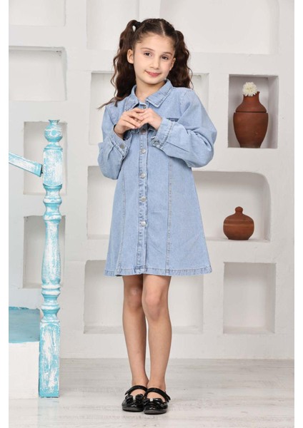 Kız Çocuk Gömlek Yakalı Jean Elbise 12171 fiyatları