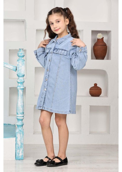 Kız Çocuk Gömlek Yakalı Jean Elbise 12171 modelleri