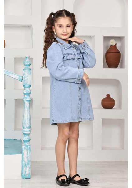 Kız Çocuk Gömlek Yakalı Jean Elbise 12171 fırsatları