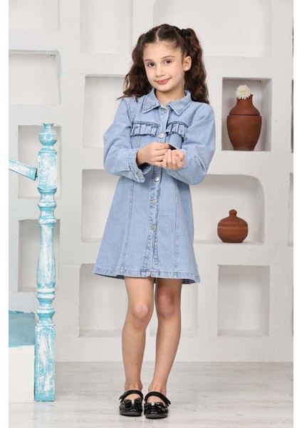 Kız Çocuk Gömlek Yakalı Jean Elbise 12171 indirimleri