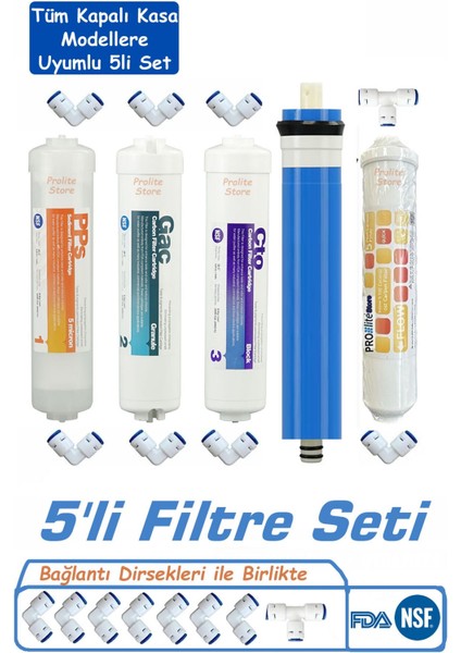 Kapalı Kasa Su Arıtma Cihazlarına Uyumlu 5'lı Filtre Seti 80 Gpd Membrane