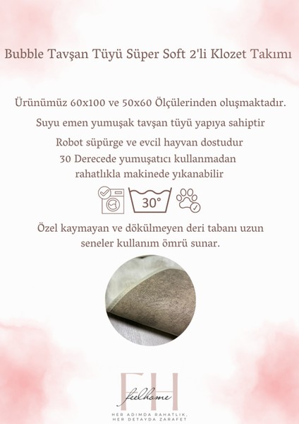 Bubble Tavşan Tüyü, Kaymaz Taban, Süper Soft, Ultra Lüks, Makinede Yıkanabilir 2'li Banyo Paspası Gri Eskitme