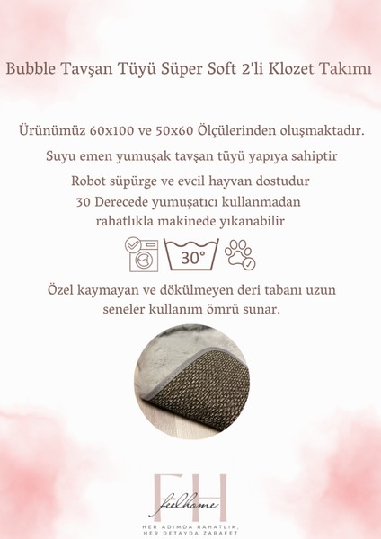 Bubble Tavşan Tüyü, Kaymaz Taban, Süper Soft, Ultra Lüks, Makinede Yıkanabilir 2'li Banyo Paspası