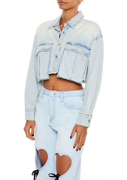 Asimetrik Denim Crop Gömlek