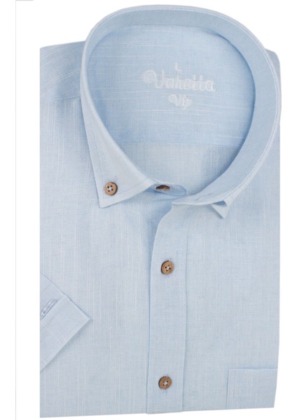 Erkek Mavi Pamuklu Cepli Yazlık Kısa Kollu Gömlek Keten Gömlek