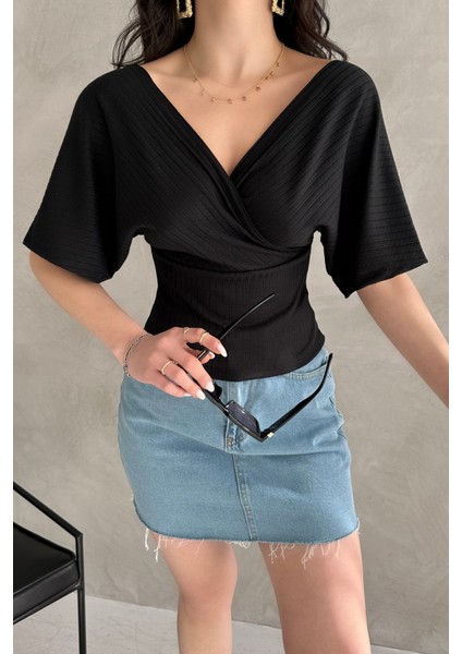 V Yaka Sırtı Çapraz Bantlı Fitilli Siyah Kadın Bluz fiyatları