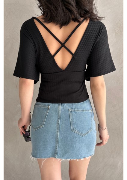 V Yaka Sırtı Çapraz Bantlı Fitilli Siyah Kadın Bluz modelleri