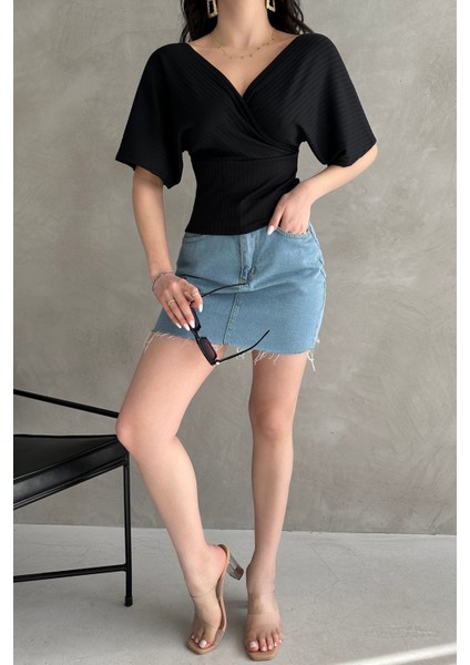 V Yaka Sırtı Çapraz Bantlı Fitilli Siyah Kadın Bluz fırsatları