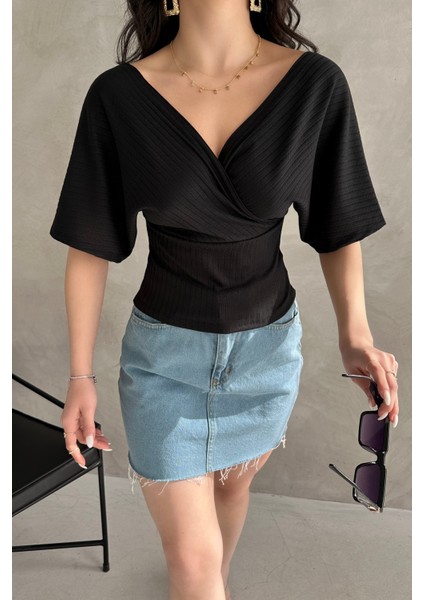 V Yaka Sırtı Çapraz Bantlı Fitilli Siyah Kadın Bluz indirimleri