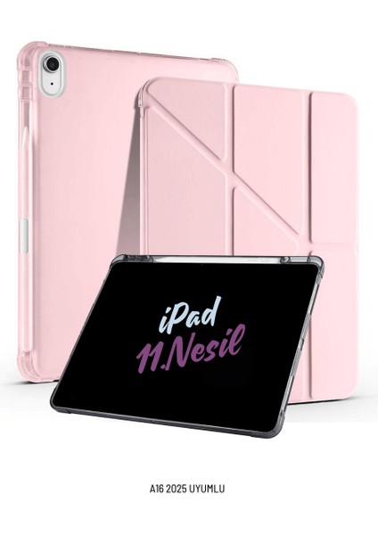 Apple iPad 11. Nesil A16 2025 Uyumlu 10.9 Inç Kalem Bölmeli Standlı Fuchsia Tri Folding Tablet Kılıfı