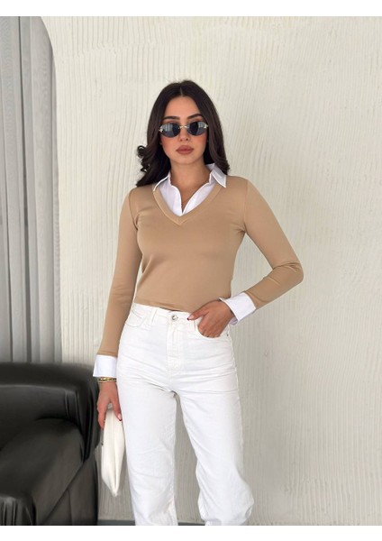 Yakası Gömlek Detaylı Crop Bluz