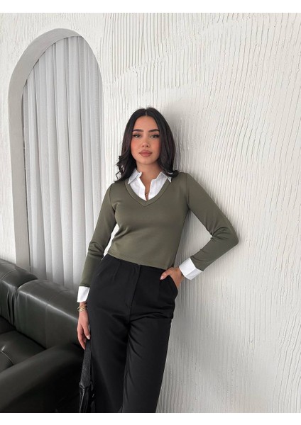 Yakası Gömlek Detaylı Crop Bluz