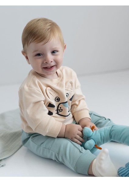 Bisiklet Yaka Uzun Kollu Baskılı Erkek Bebek Sweatshirt ve Eşofman Alt 2'li Takım modelleri