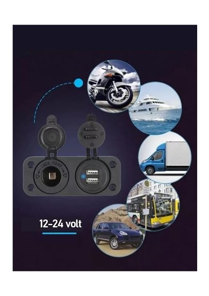 USB + 12-24 Volt Çakmak Giriş Soket Tekne Oto Kamyonet Soketi Marine Tip Soket 7