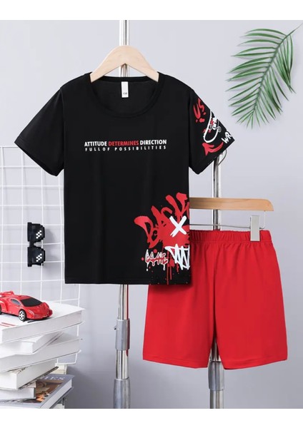 Kıds Face Özel Tasarı Renkli Graffiti Kol Baskılı Hip Hop Erkek Çocuk T-Shırt Şort Takımı