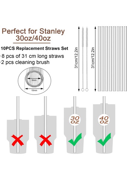 8 Li Cam Pipet, Stanley Adventure Quencher Seyahat Bardakları Için 31 cm Uzunluğunda Cam Pipetler Ve 2 Adet Fırça Tekrar kullanılabilir, Cam malzemeden yapılmıştır.