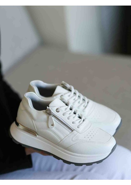 Lexi Beyaz Cilt Bağcıklı Hafif Taban Fermuar Detaylı Kadın Sneaker Ayakkabı modelleri