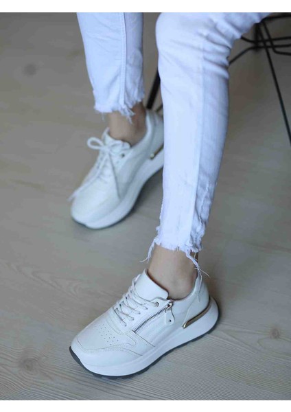 Lexi Beyaz Cilt Bağcıklı Hafif Taban Fermuar Detaylı Kadın Sneaker Ayakkabı fırsatları