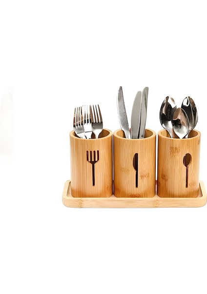 4 Parça Bambu Kaşıklık Tezgah Üstü Servis Standı Dik Kaşıklık Düzenleyici