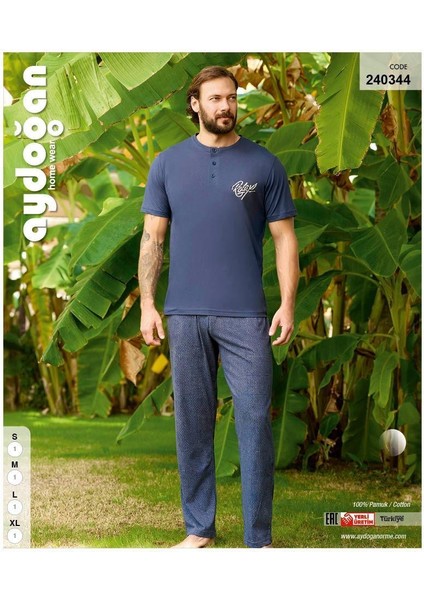 Erkek Mavi Pamuklu Penye Kısa Kollu Pijama Takımı 240344
