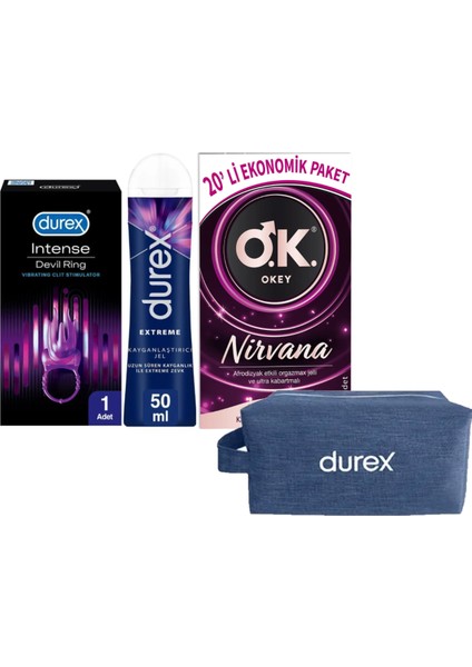 Devil Ring Titreşimli Halka + Durex Extreme Jel 50ML +Nirvana 20 Li Prezervatif+Çanta