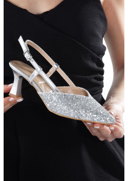 Paris S Gümüş Cam Kırığı Abiye Ayakkabı Kısa Topuklu Stiletto fiyatları
