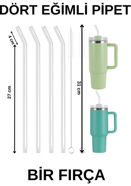 4 Lü Cam Pipet, Stanley Adventure Quencher Seyahat Bardakları Için 31 cm Uzunluğunda Cam Pipetler (4 Adet Eğimli ve 1 Temizleme Fırçası)
