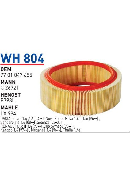 Wh804 Oem 7701047655 Renault clio sembol Otomobil hava filtre air filter