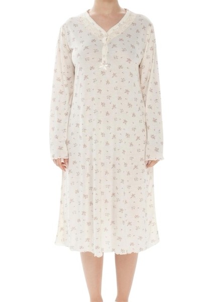 Kadın Desenli Bambu Pamuk Mevsimlik Uzun Kol Gecelik Geniş Kesim Anne Kalıp