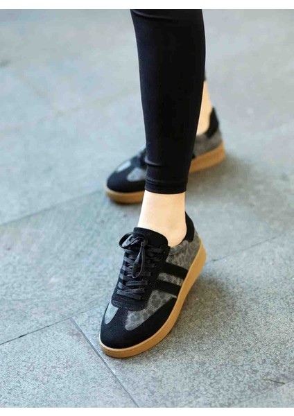 Elenda Siyah Süet Leopar Desenli Bağcıklı Kauçuk Taban Kadın Sneaker Ayakkabı
