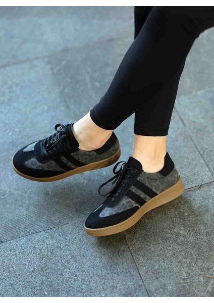 Elenda Siyah Süet Leopar Desenli Bağcıklı Kauçuk Taban Kadın Sneaker Ayakkabı