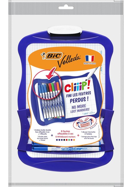 967444 Velleda Cliiip Set Beyaz Tahta (21 x 31 Cm) Silecek; 8 Silinebilir Marker -10'lu Set, Çeşitli Renklerde