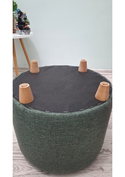 Ahşap Ayaklı Keten Kumaş Yuvarlak Puf&bench Koltuk/tabure
