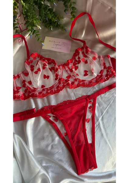 Kırmızı Kalpli Tül Brode Fantazii Iç Çamaşır Takımı Bralette Balenli Sütyen & Tanga modelleri