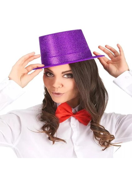 Koyu Mor Renk Violet Parıltılı Simli Fötr Silindir Parti Şapkası