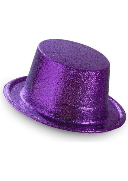 Koyu Mor Renk Violet Parıltılı Simli Fötr Silindir Parti Şapkası