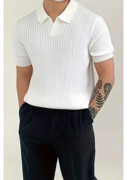 Lorens Çizgili Likralı Slim Fit Polo Yaka Örme Erkek Triko Tshirt