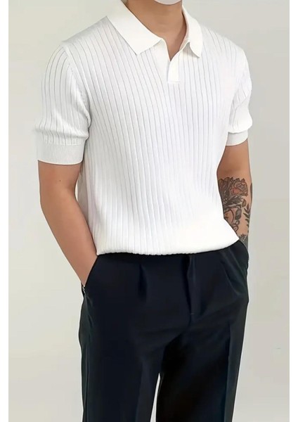 Lorens Çizgili Likralı Slim Fit Polo Yaka Örme Erkek Triko Tshirt fırsatları