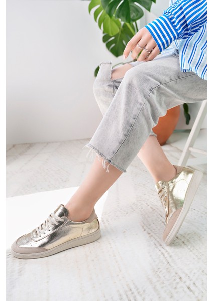 Sirius Model Altın Hakiki Deri Bağcıklı Dore Bej Günlük Kadın Sneakers
