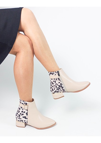 Bej Renk Leopar Desenli Tokalı Fermuarlı Kadın Bot fiyatları