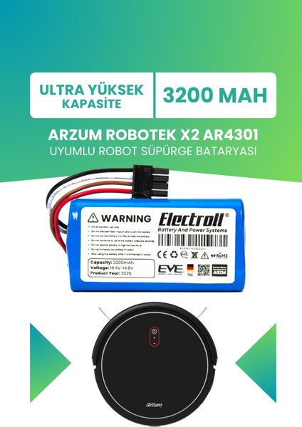 Arzum Robotek X2 AR4301 Uyumlu Batarya (Ultra Yüksek Kapasite) 3200MAH Pil Robot Süpürge Bataryası